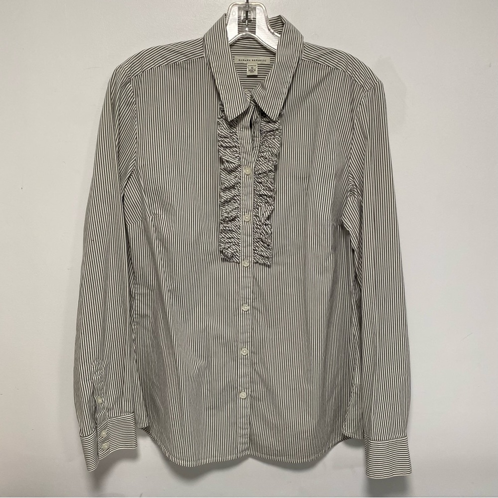 Grey striped tuxedo ruffle front button down shirt